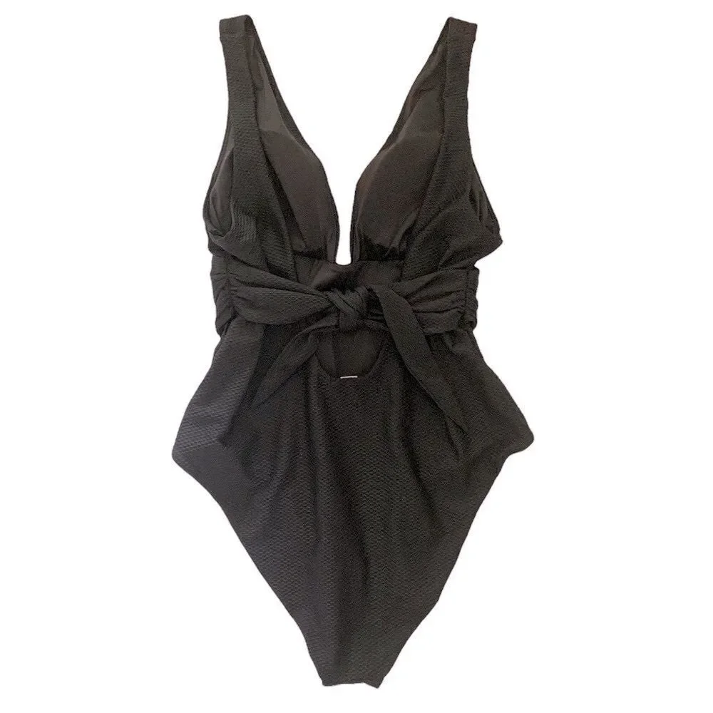 CHELSEA28 Black Belted Textured One Piece Swimsuit